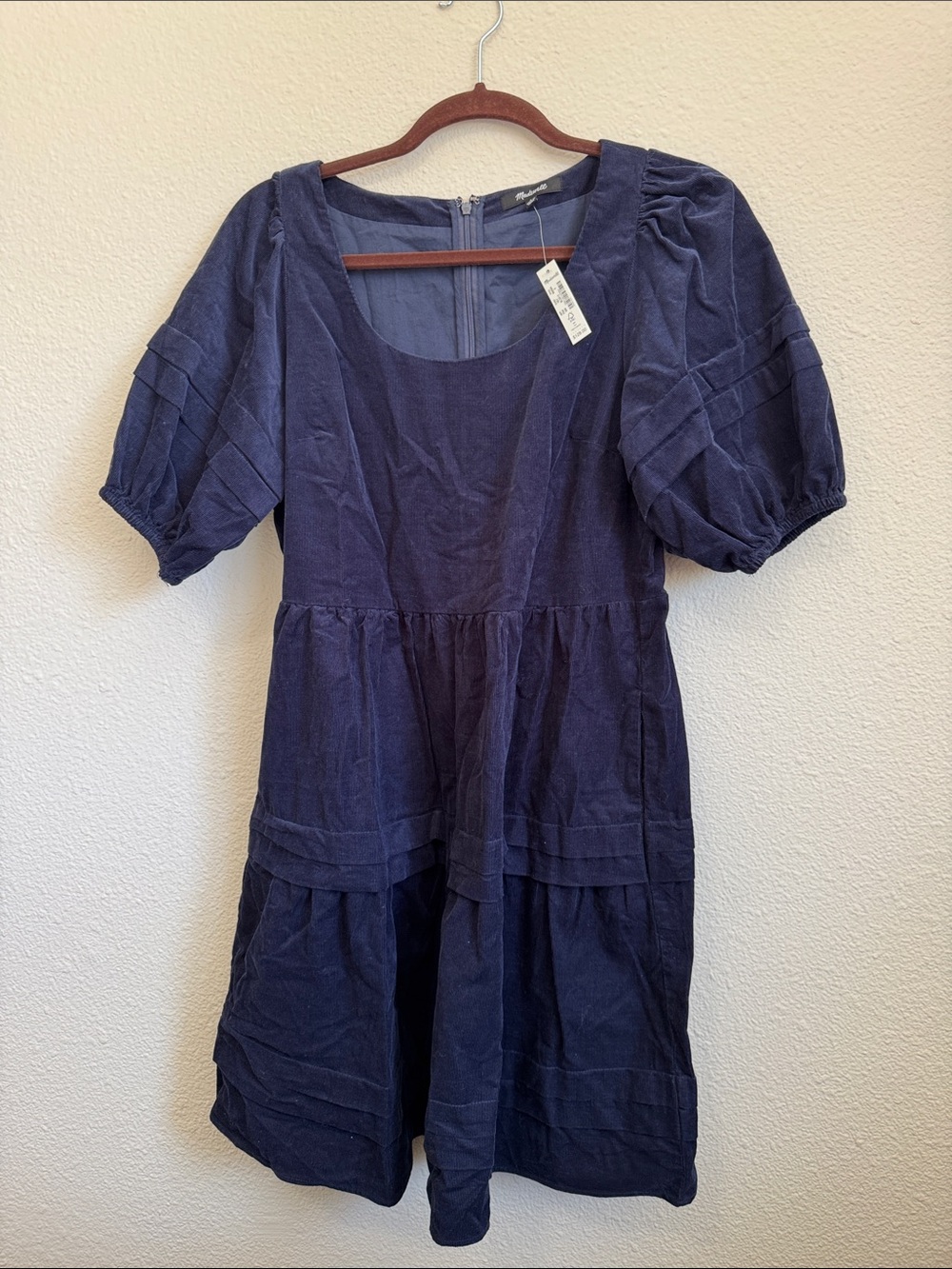 Madewell Corduroy Navy Puff Sleeve Tiered Dress